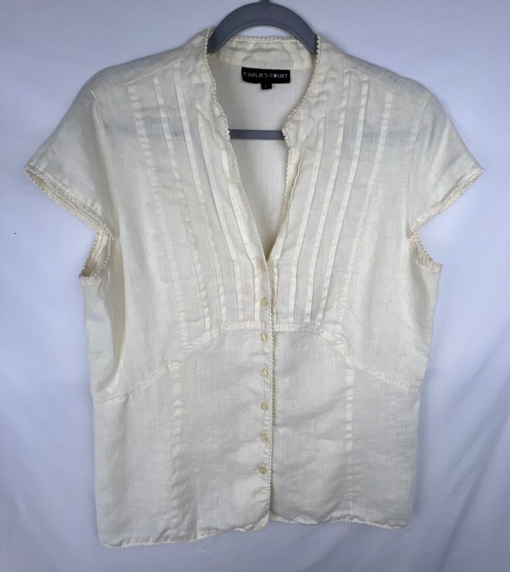 VTG Carlie's Court Blouse Women's L Yellow 100% Linen Pintuck Button Front Top